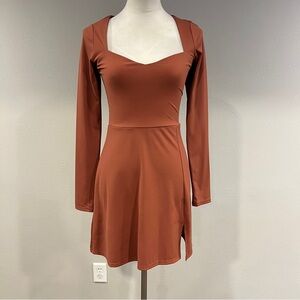 Qinsen Long-Sleeve Rust Square-Neck Dress size extra small